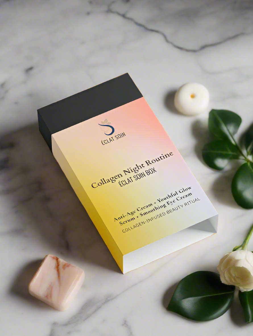 Eclat Soin Collagen Night Routine Skincare Collection Box featuring anti-aging cream and eye serum